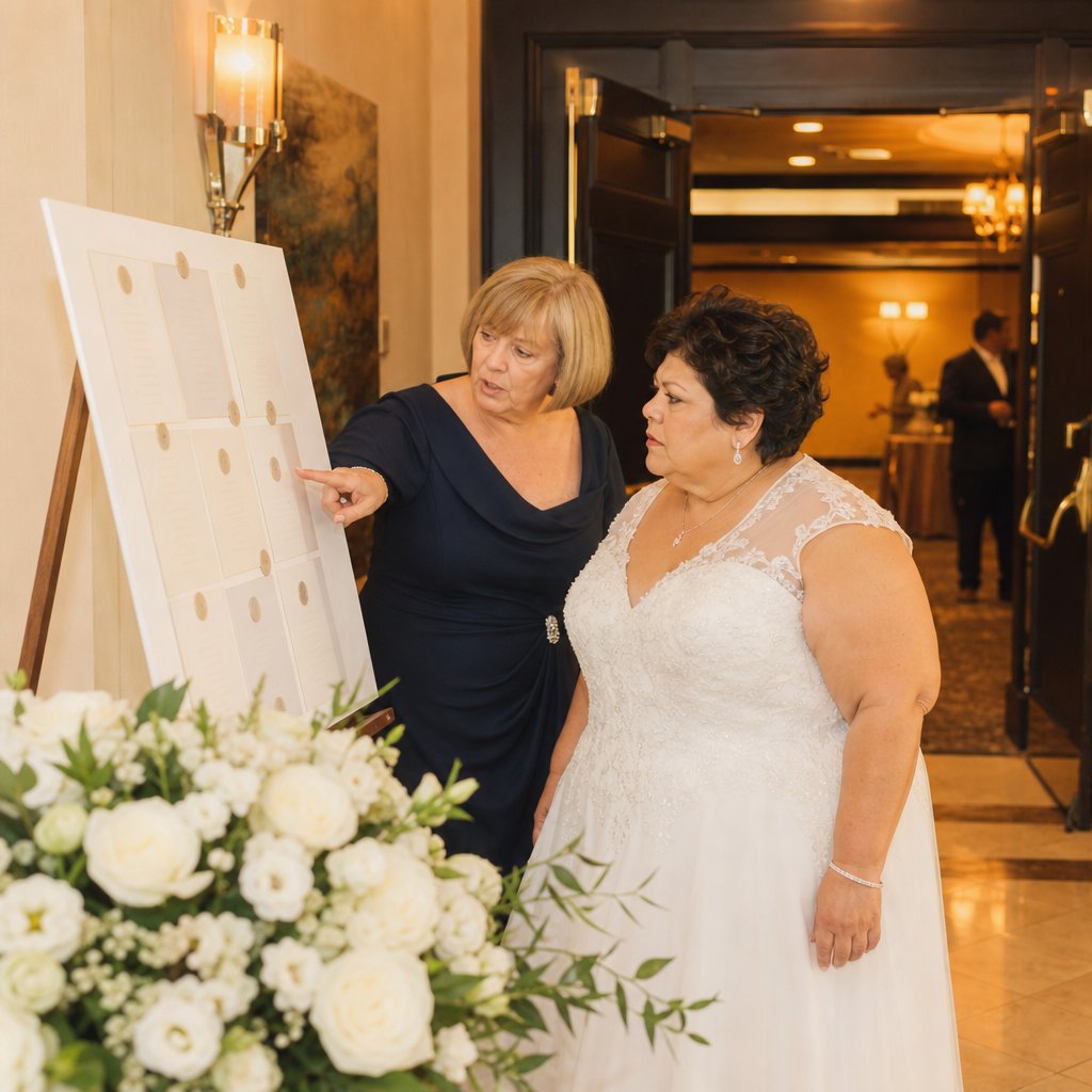 The bride watches her future mother-in-law tap obsessively at a seating chart near the ballroom entrance.