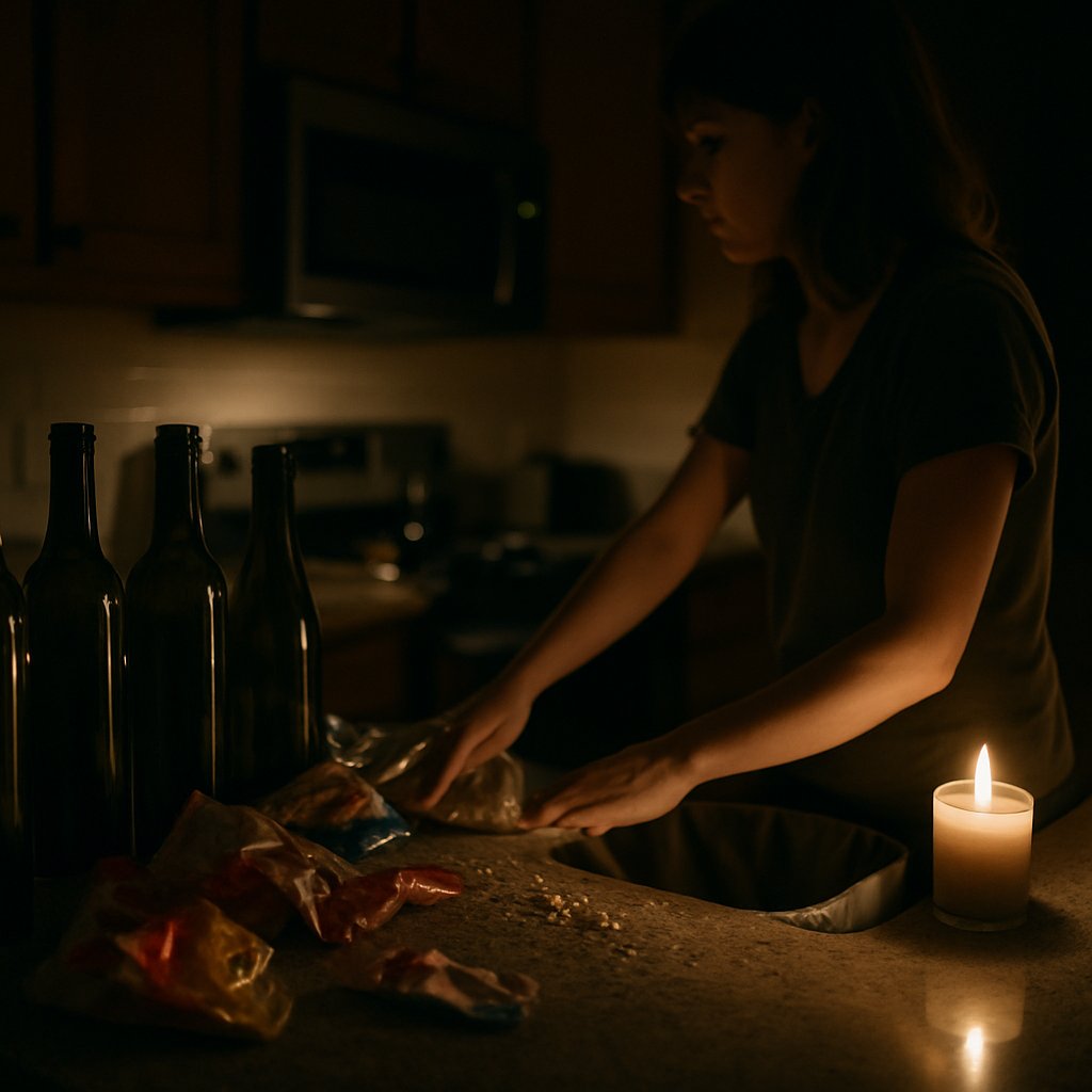 Kitchen counter with empty bottles and snack wrappers being cleaned at night.