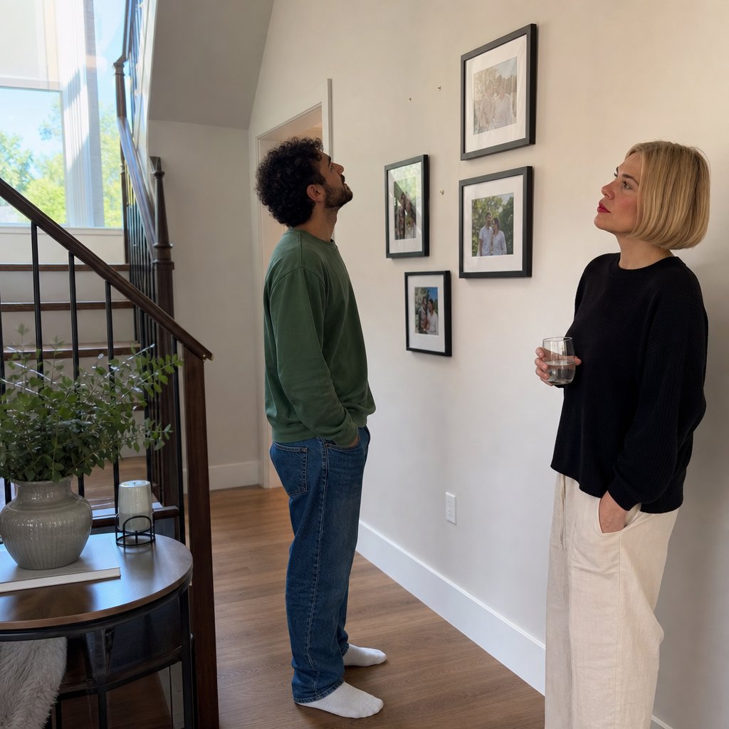 A young man stares at a staircase photo wall with fresh empty spots while a blonde woman holds a water glass nearby.