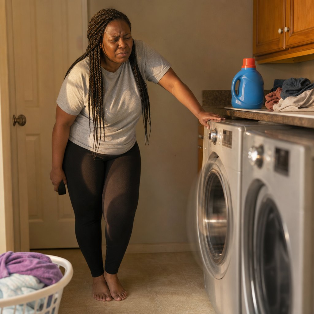 A woman with long box braids stands in a laundry room looking sickened, clutching a face-down phone near a running dryer.