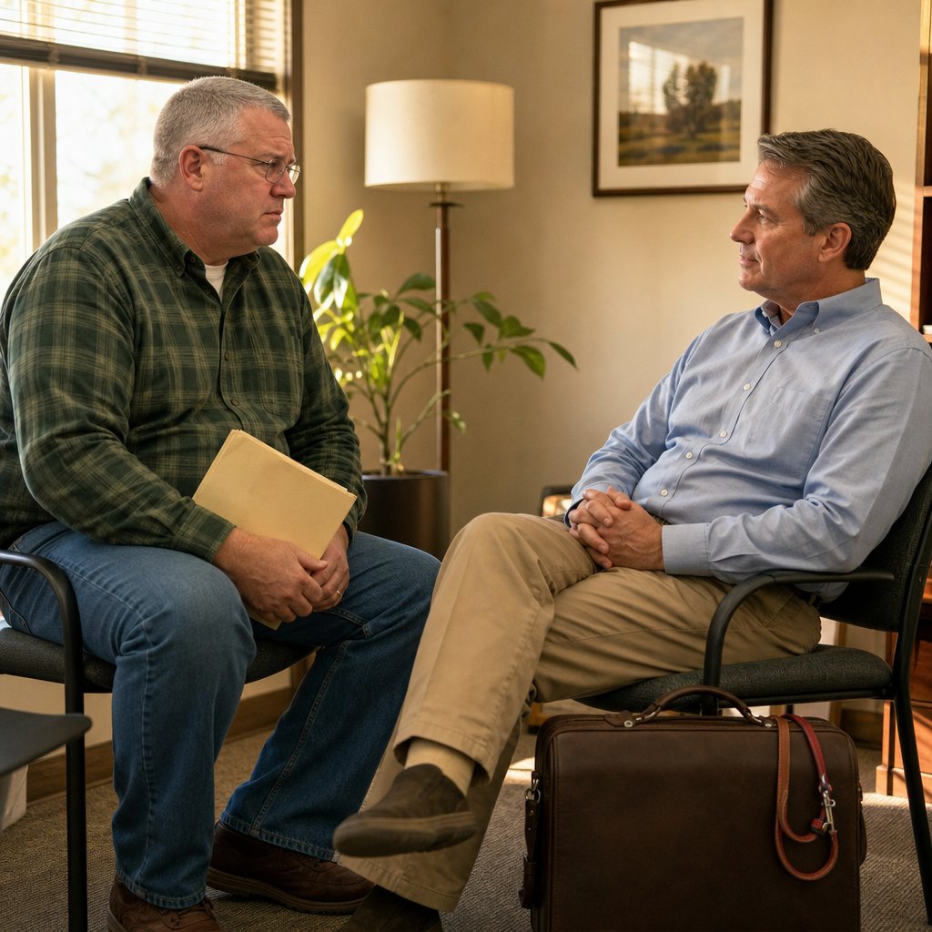 A gray-haired man with glasses grips a manila folder while a calm salt-and-pepper-haired man sits across from him.