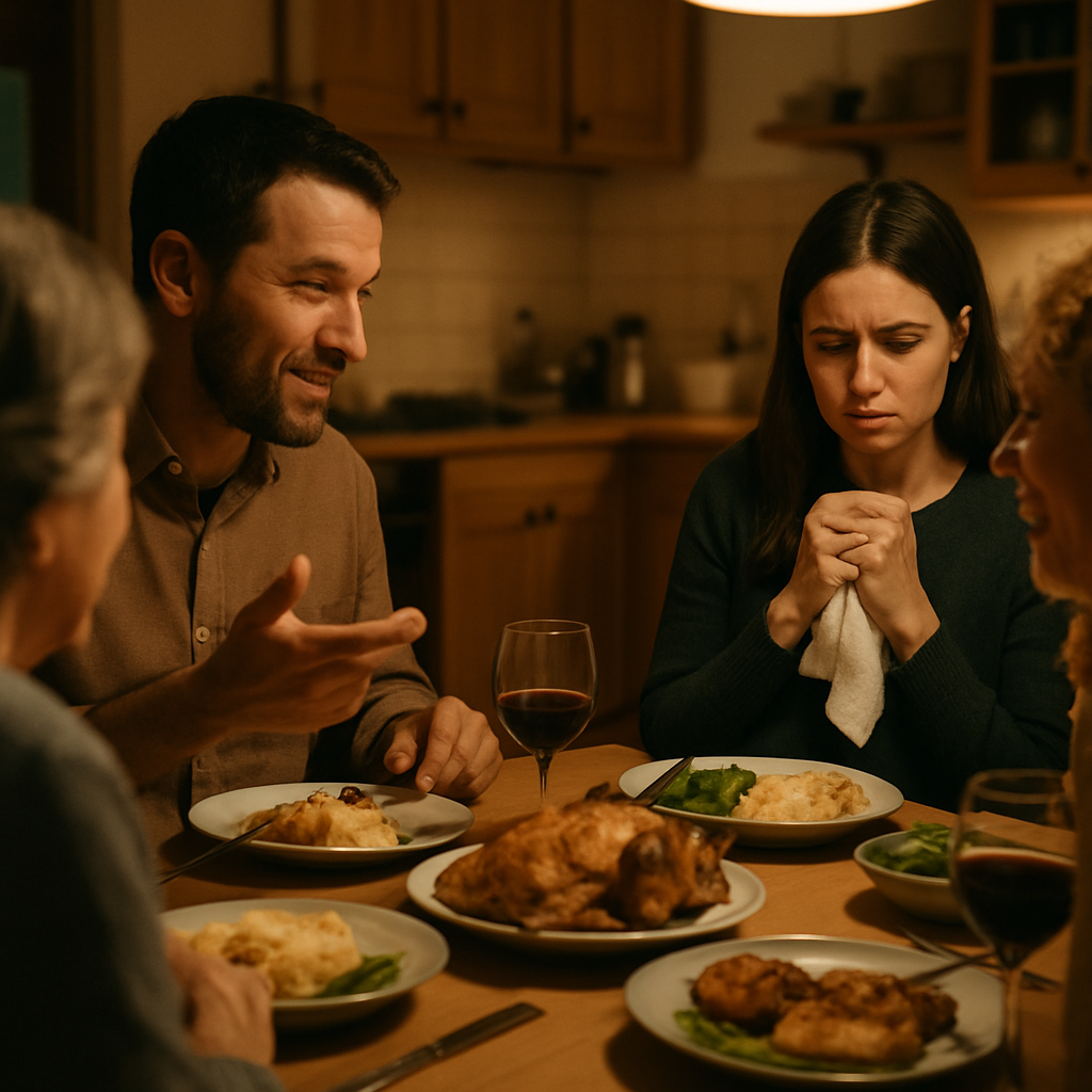 Family laughing at dinner as one woman looks quietly upset.