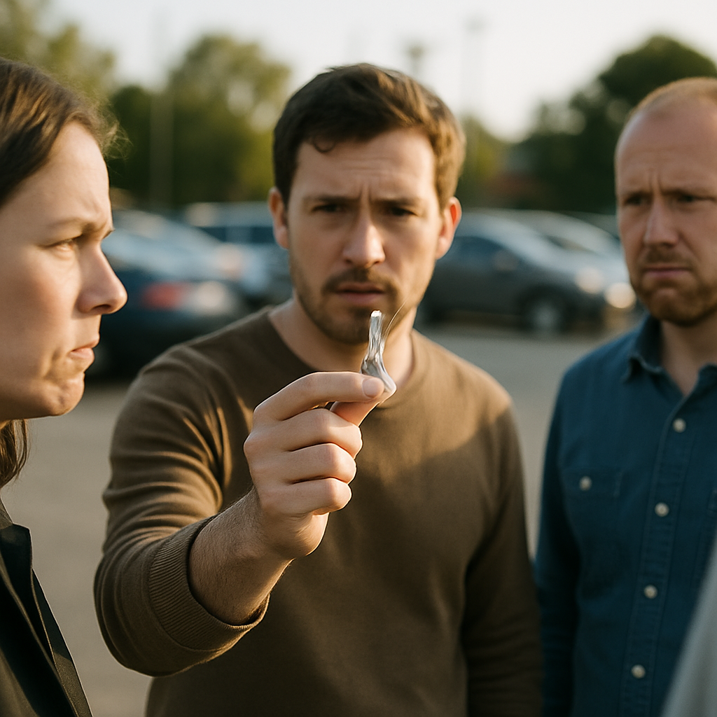 Man holding a key in a sunlit parking lot, others watching him