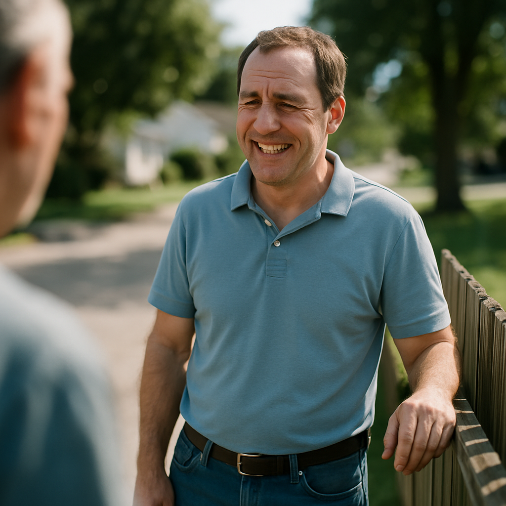 Man smiling unevenly next to fence under afternoon sun.