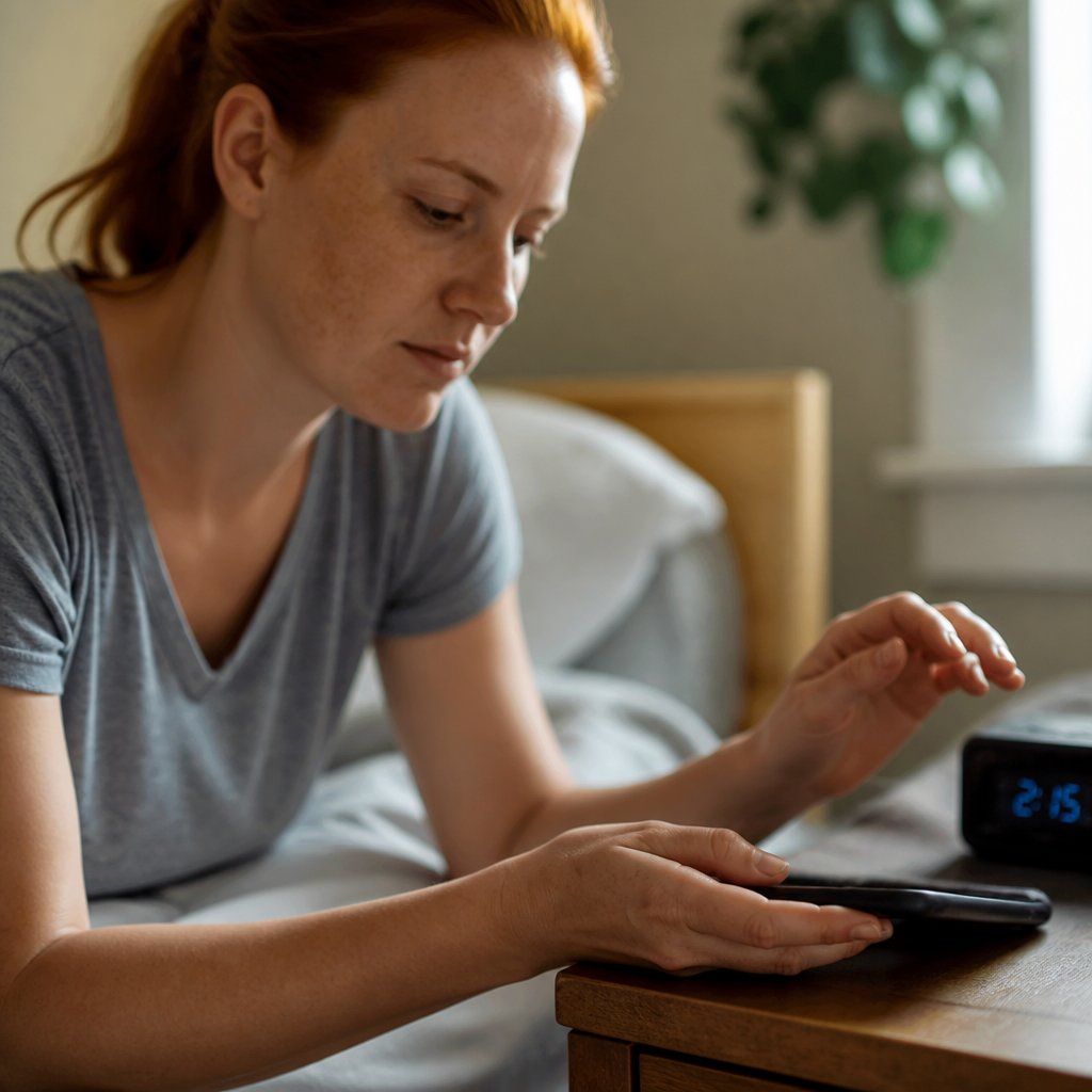 Woman’s hands holding phone near a glowing digital clock late at night