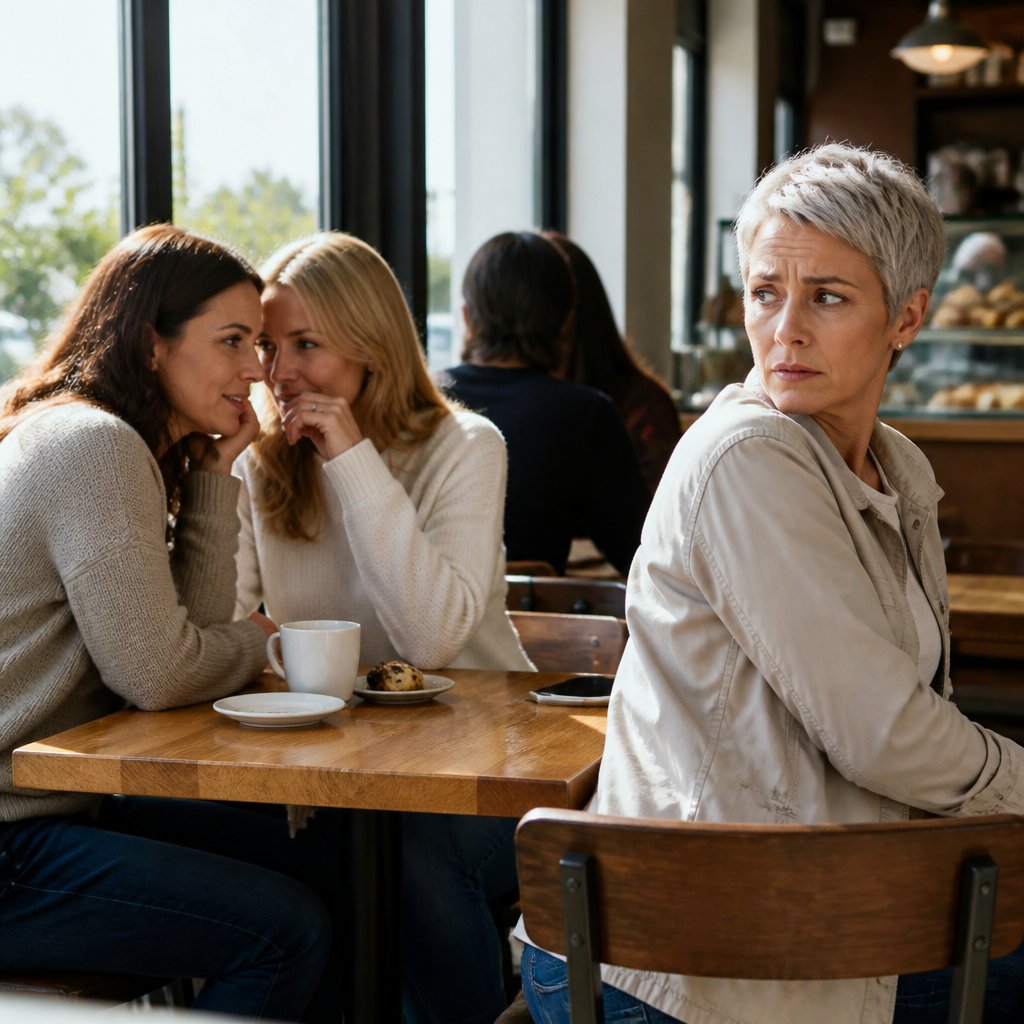 Two women whispering at cafe nearby a woman who overhears, looking concerned.
