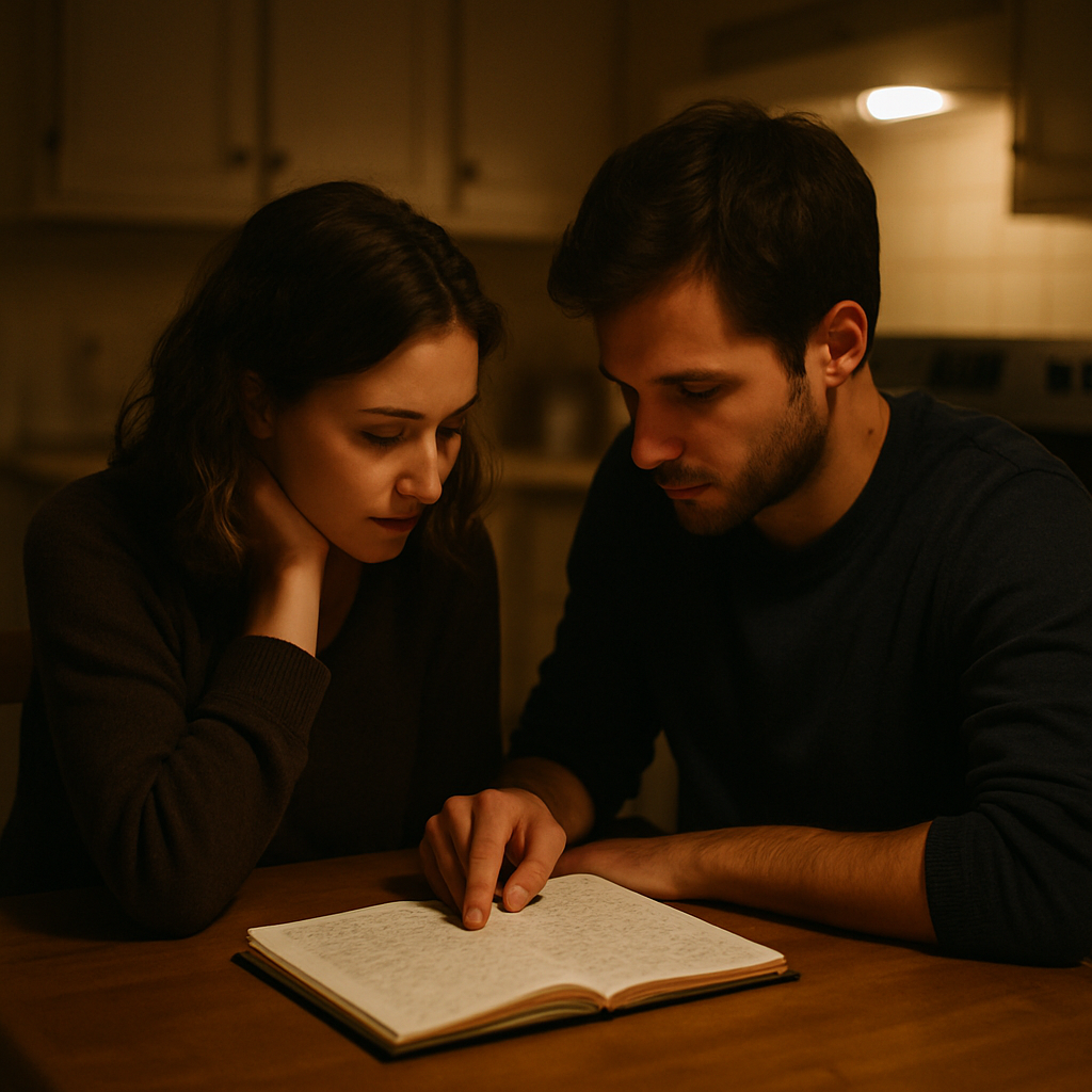 Couple reviewing symptom notebook at kitchen table at night