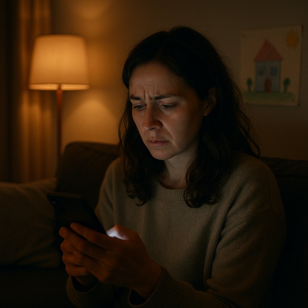Mother looking worried at phone screen in dim living room, reading group chat messages.