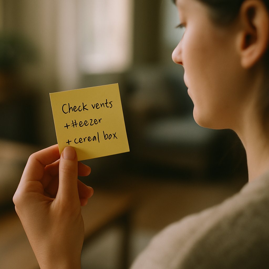 Woman’s hand holding a yellow sticky note with messy handwriting inside a dimly lit room.