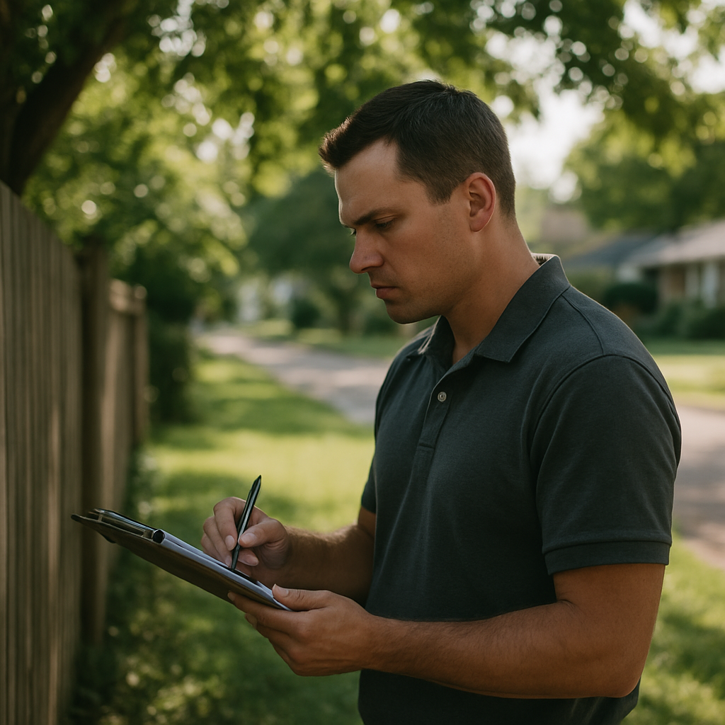 Man holding clipboard standing seriously in suburban side yard under trees.