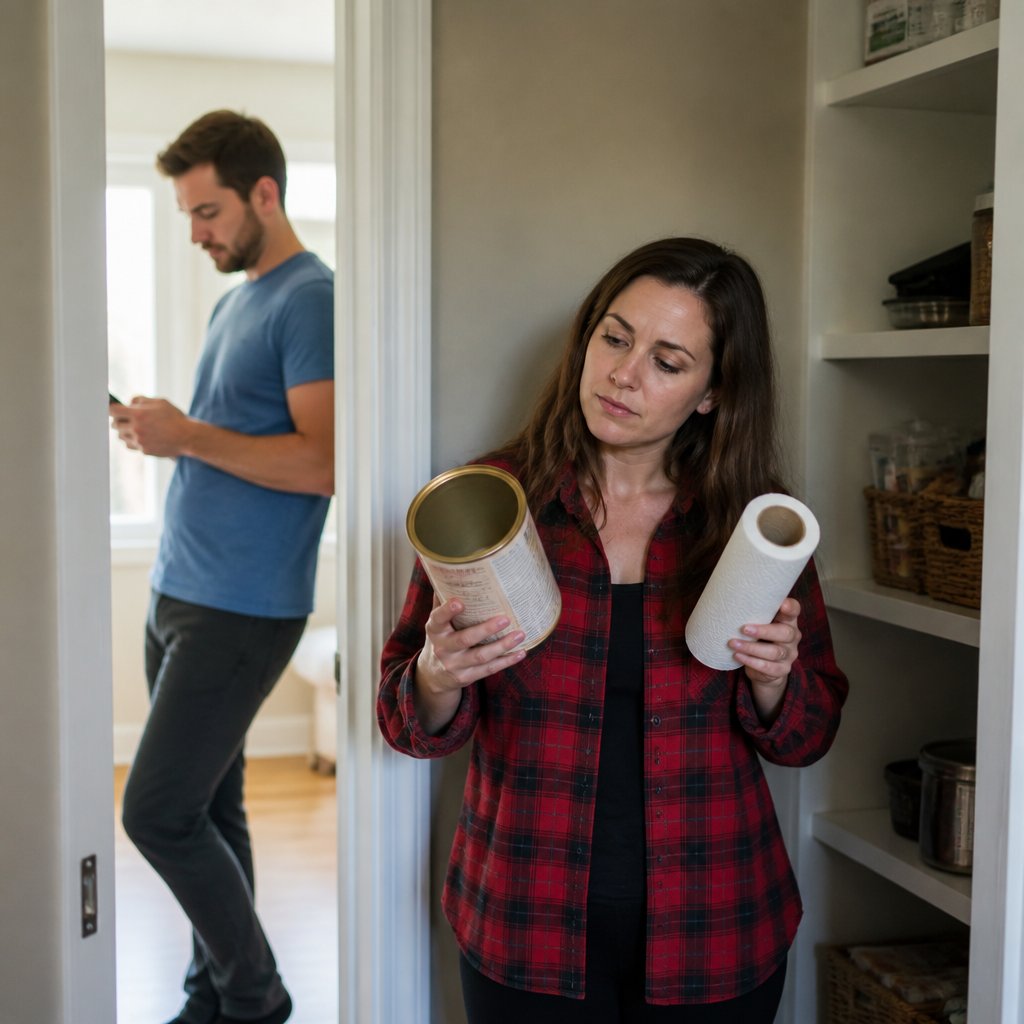 Woman in pantry checking supplies, man leaning against doorway looking at phone
