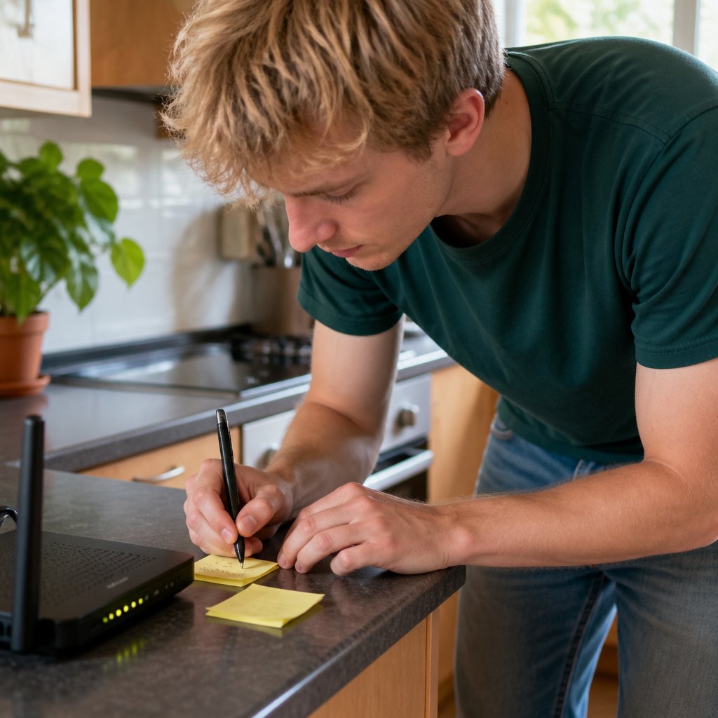 Man writing outage times on sticky notes near router in kitchen