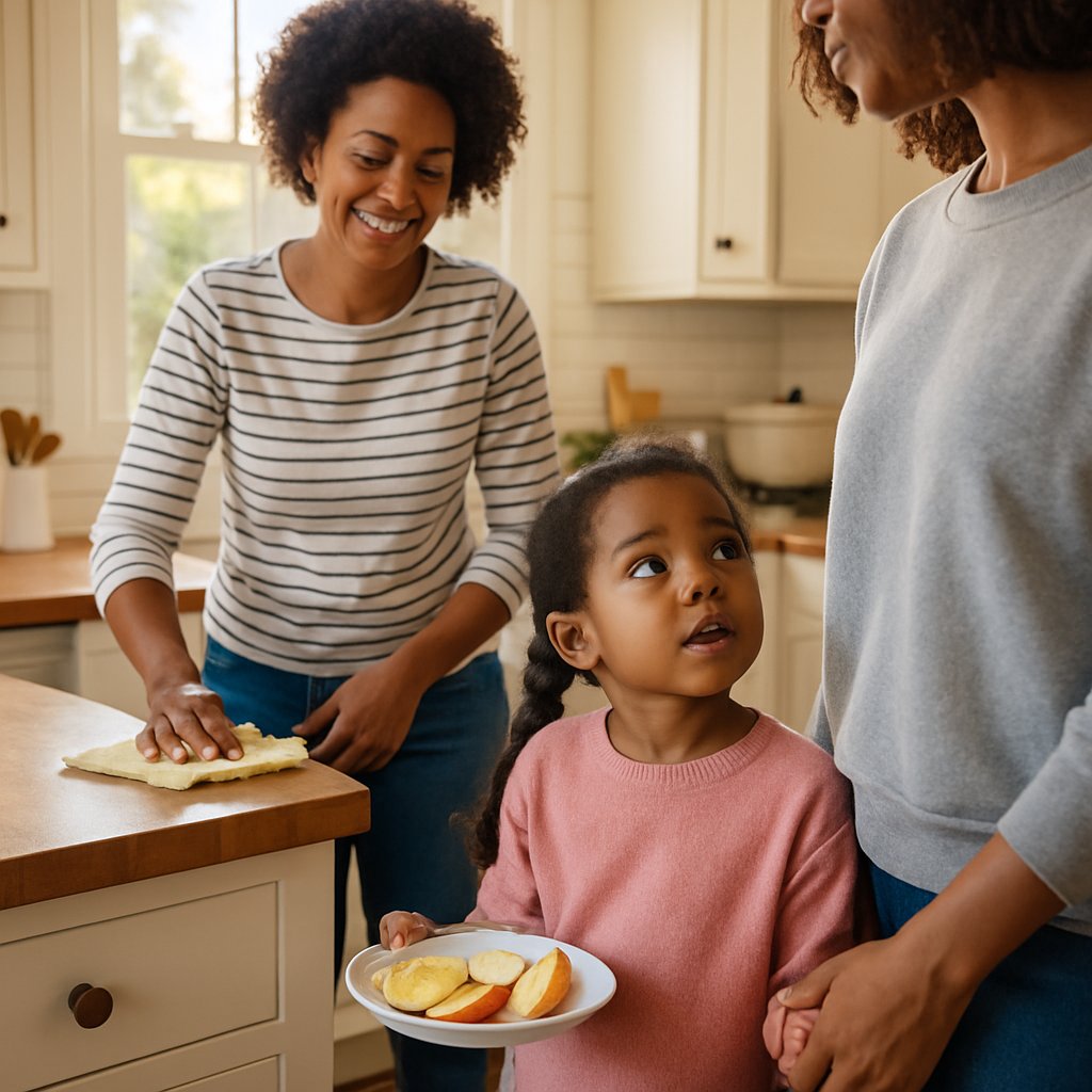 Young girl repeating new rule to her mother in kitchen with woman cleaning counters