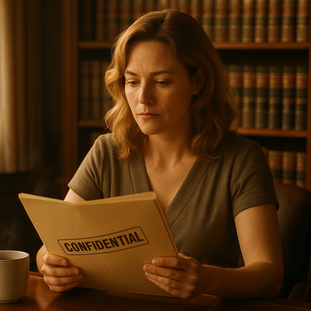 An uneasy lawyer in a gray suit holds a confidential folder in his office.