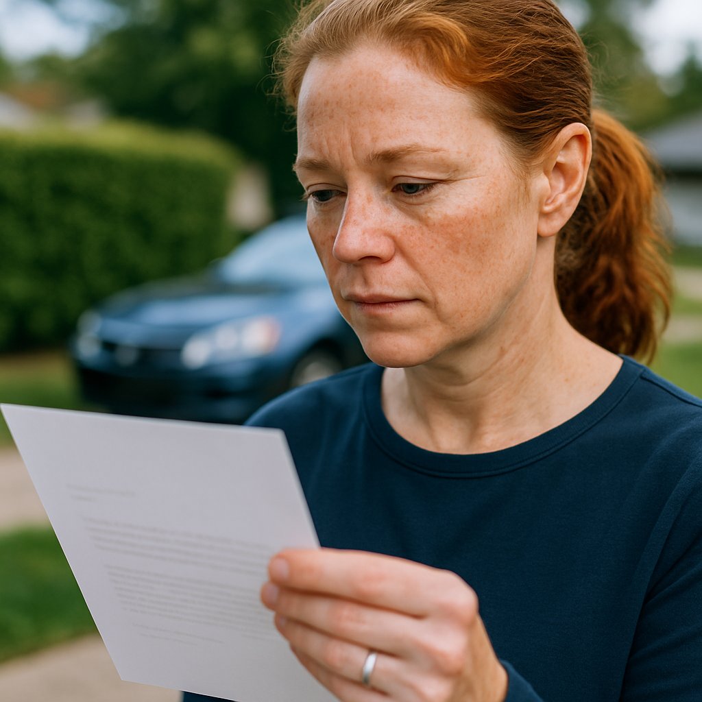Close-up of a letter held by a person against a suburban yard background.