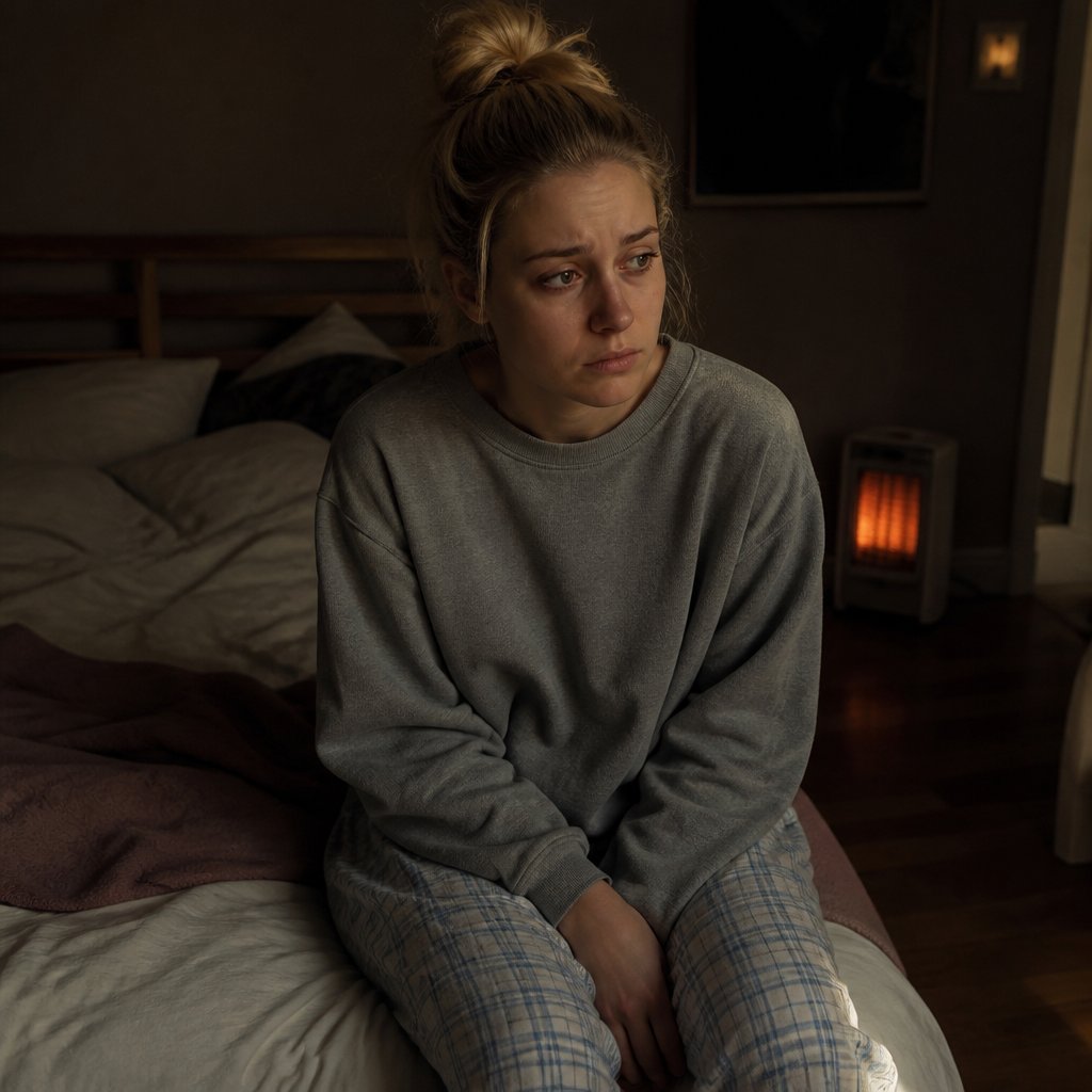 Woman sitting on bed in dim room, looking worried, phone face down on lap.