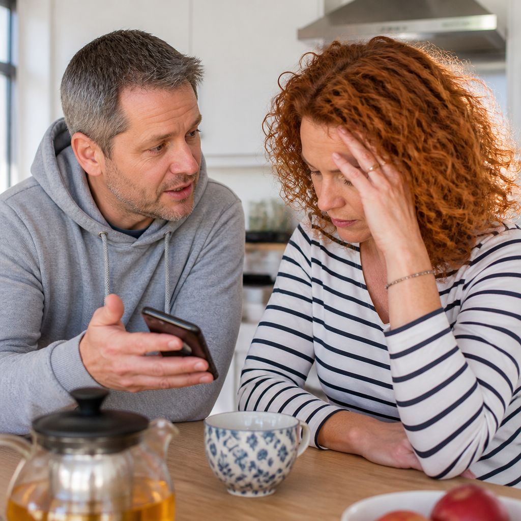 Couple arguing over calendar screenshots at kitchen table.