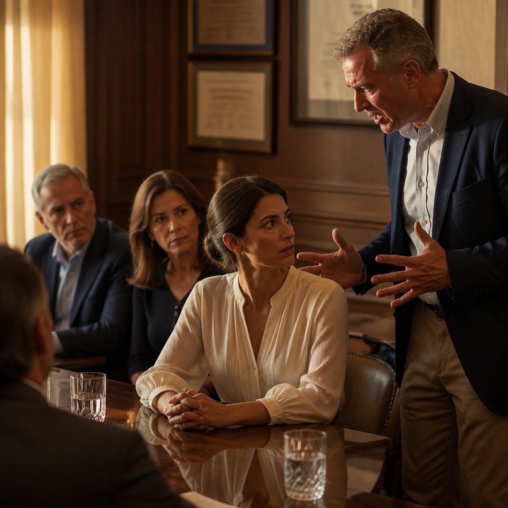 Eldest son standing and speaking forcefully at a conference table, woman in cream blouse listening tensely.