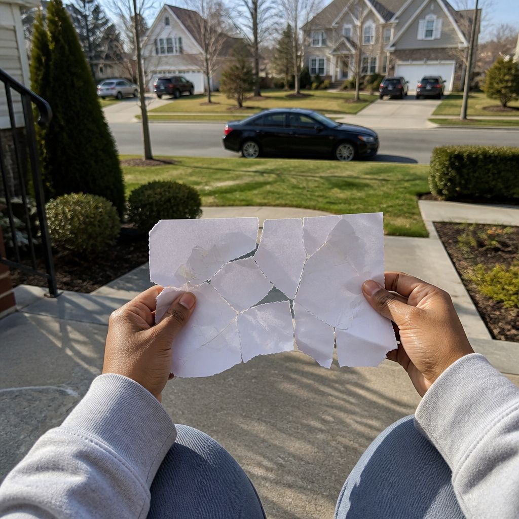 Hands holding torn, taped note on porch step with suburban street and passing car behind.