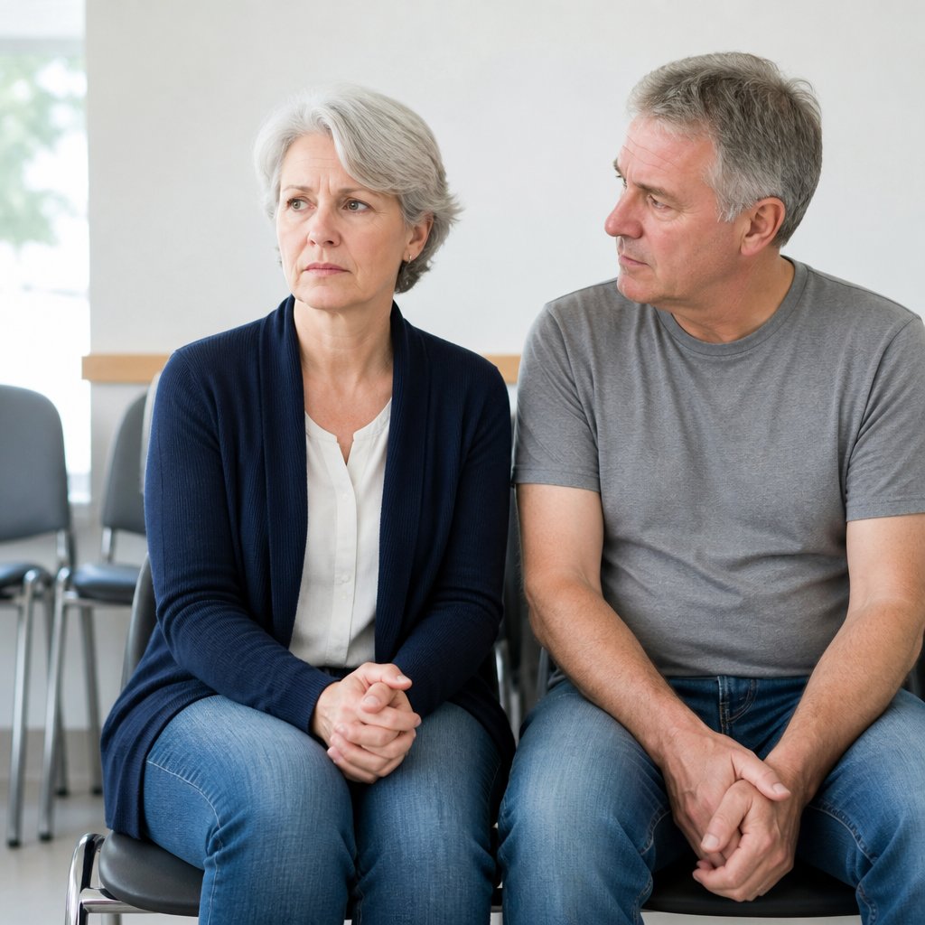 Woman and husband sitting in clinic waiting room, expressions uncertain and worried.
