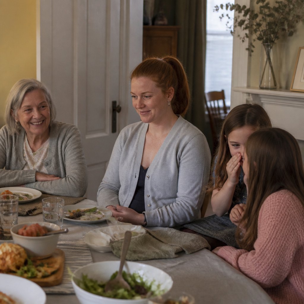 Family dinner scene with children whispering secrets, mother looking uncomfortable.