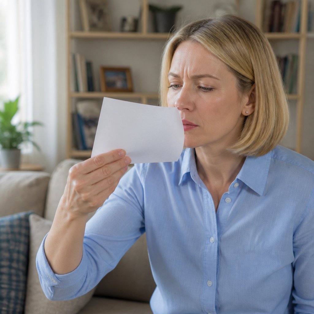 Woman examining a sheet of paper with a puzzled look in a living room.