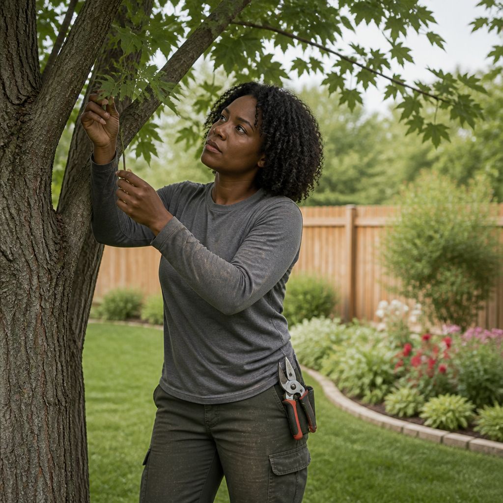 Arborist inspecting maple tree trunk with pruning shears on belt in a suburban backyard.