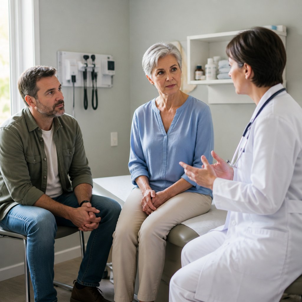 Woman talking with doctor during physical exam, spouse waiting with concerned look.
