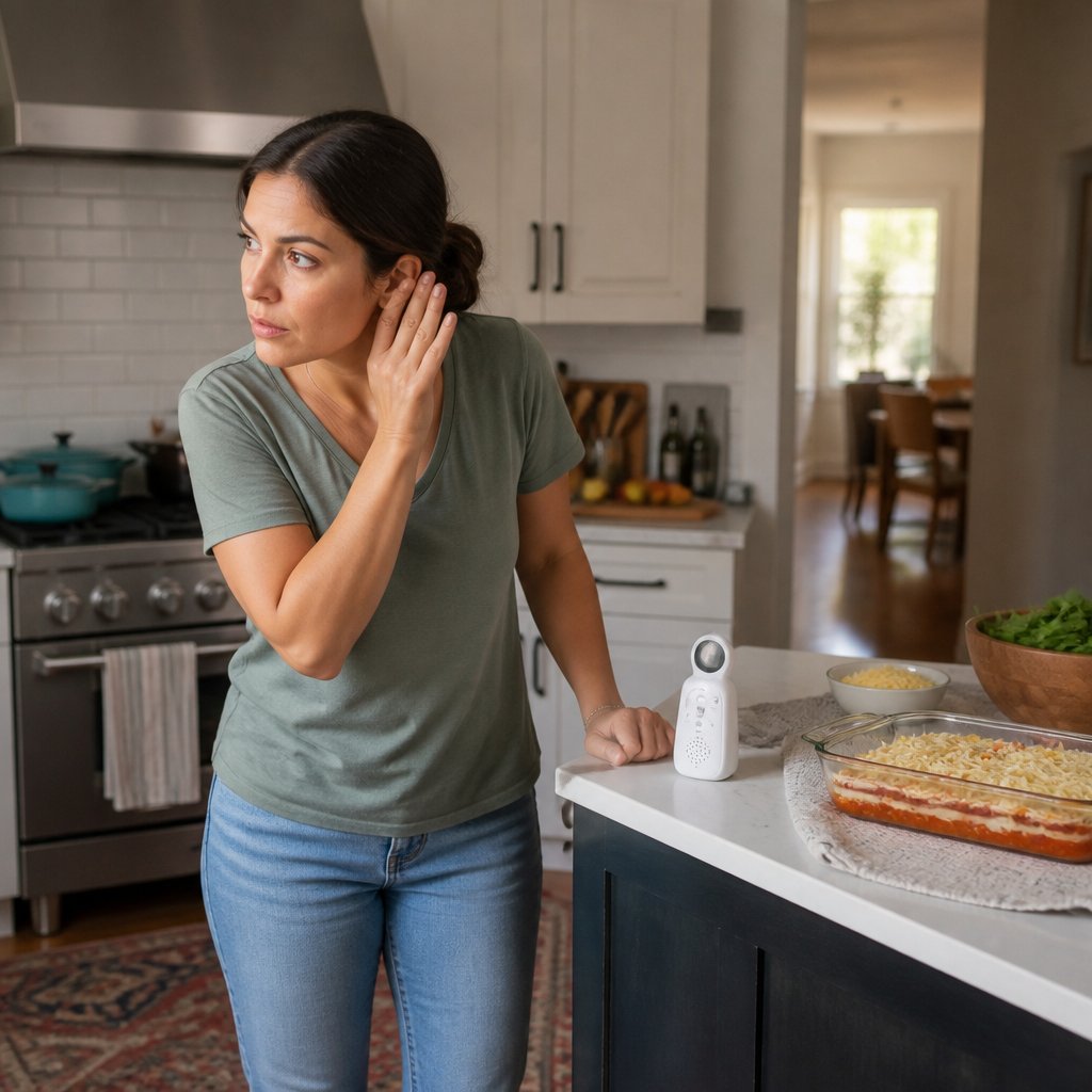Woman listening closely near baby monitor on kitchen counter, casual homewear.