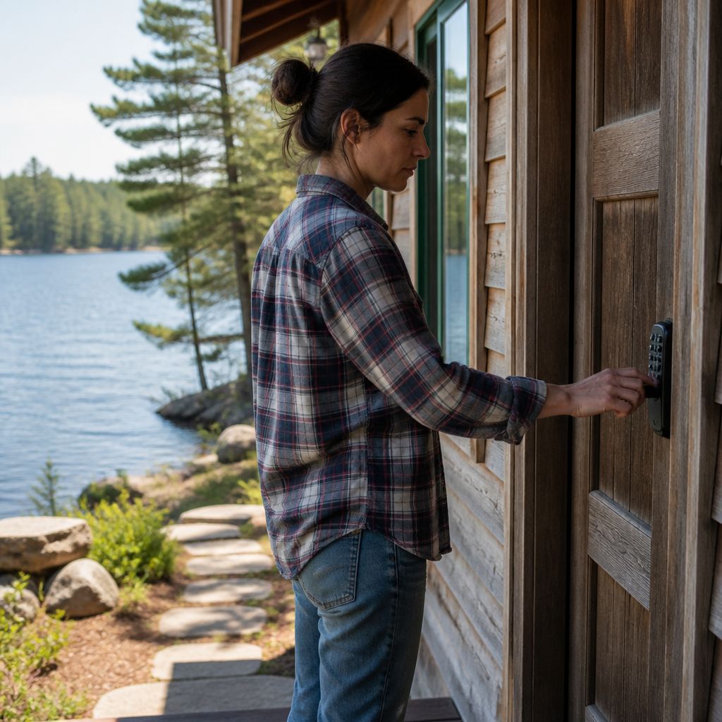 Person standing at a lake house door with a keypad lock, hand on the keypad.