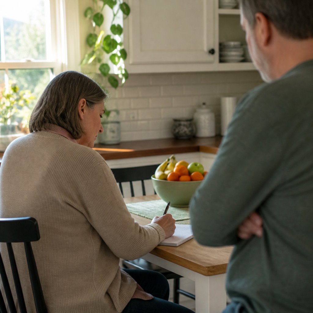 Woman writing note at kitchen table, tense posture, man watching silently nearby.