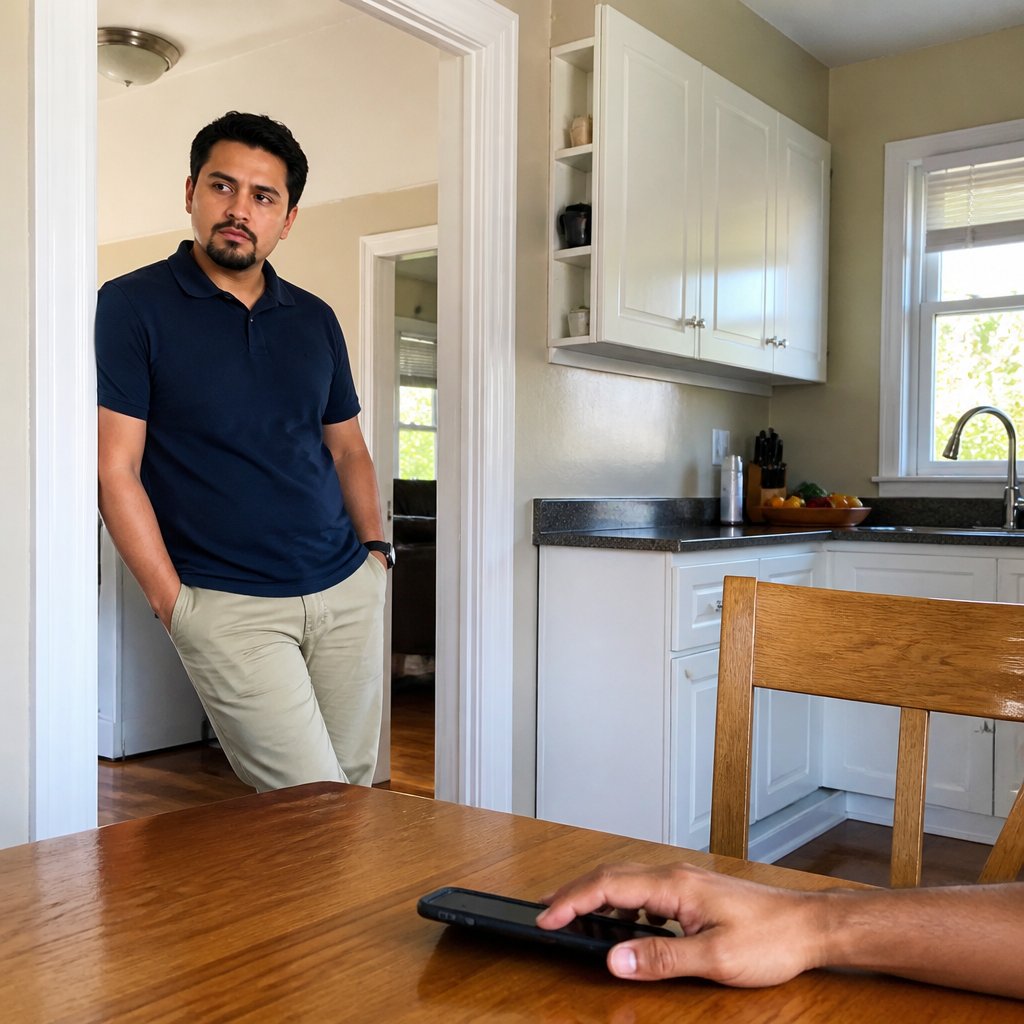 Man leaning against doorframe watching someone place a phone face down on the kitchen table.