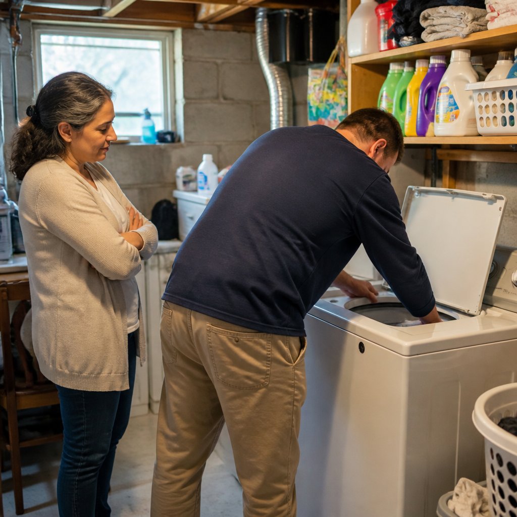 Man doing laundry in basement, woman watching with concern, casual clothes.
