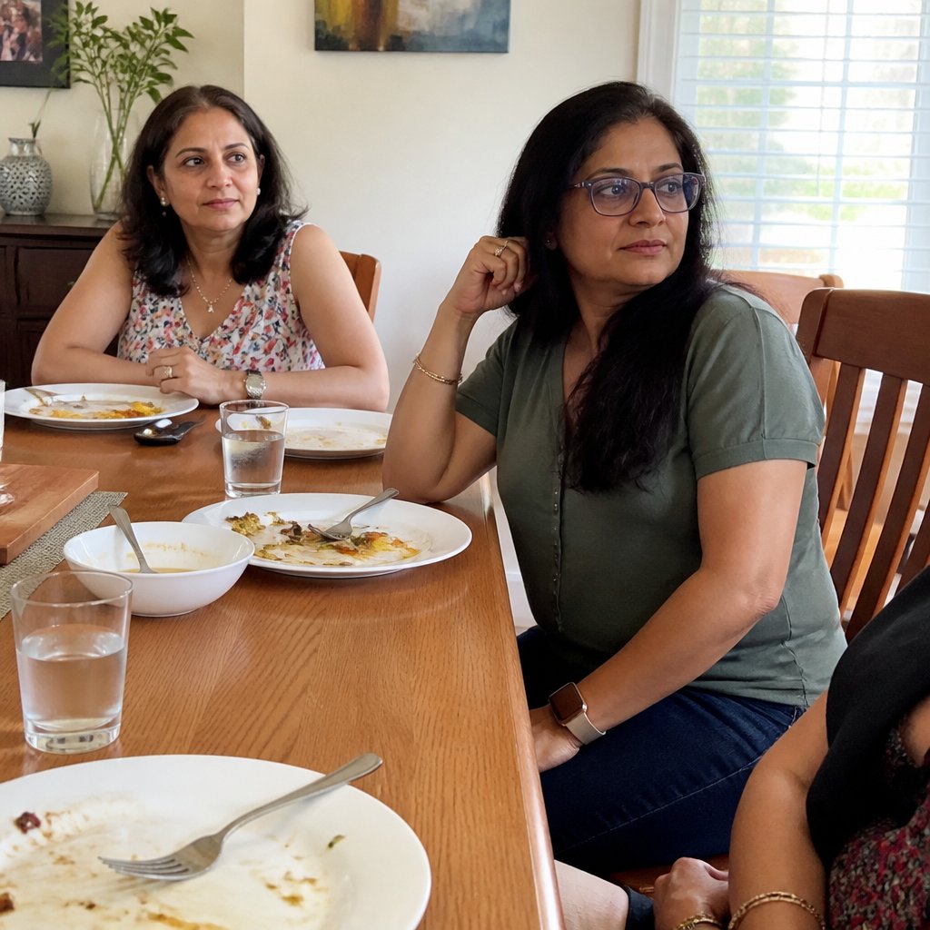 Woman at family dinner being noticed by sister with curious expression.