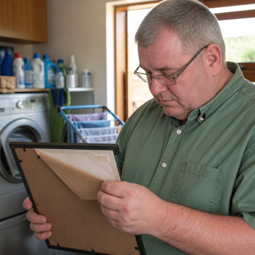 Man inspecting the back of a photo frame in a laundry room, peeling backing paper to reveal a recent sticker.
