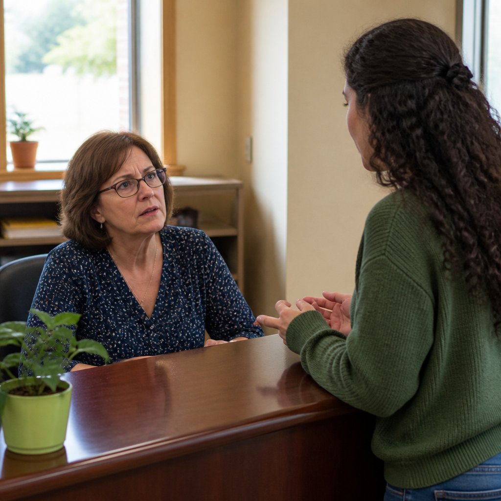School secretary talking with visitor, showing confusion
