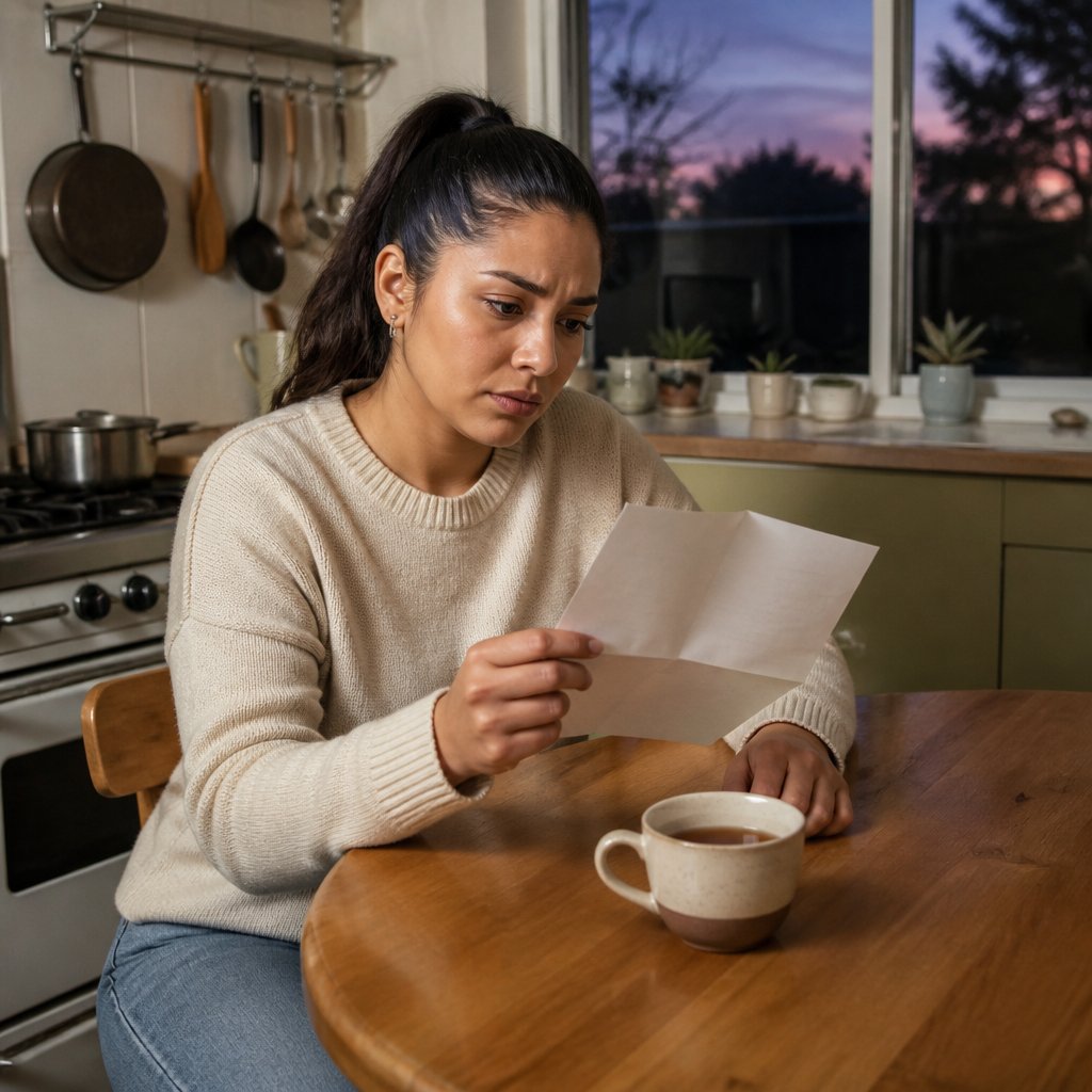 Woman sitting at kitchen table holding a letter looking worried, kitchen background at dusk