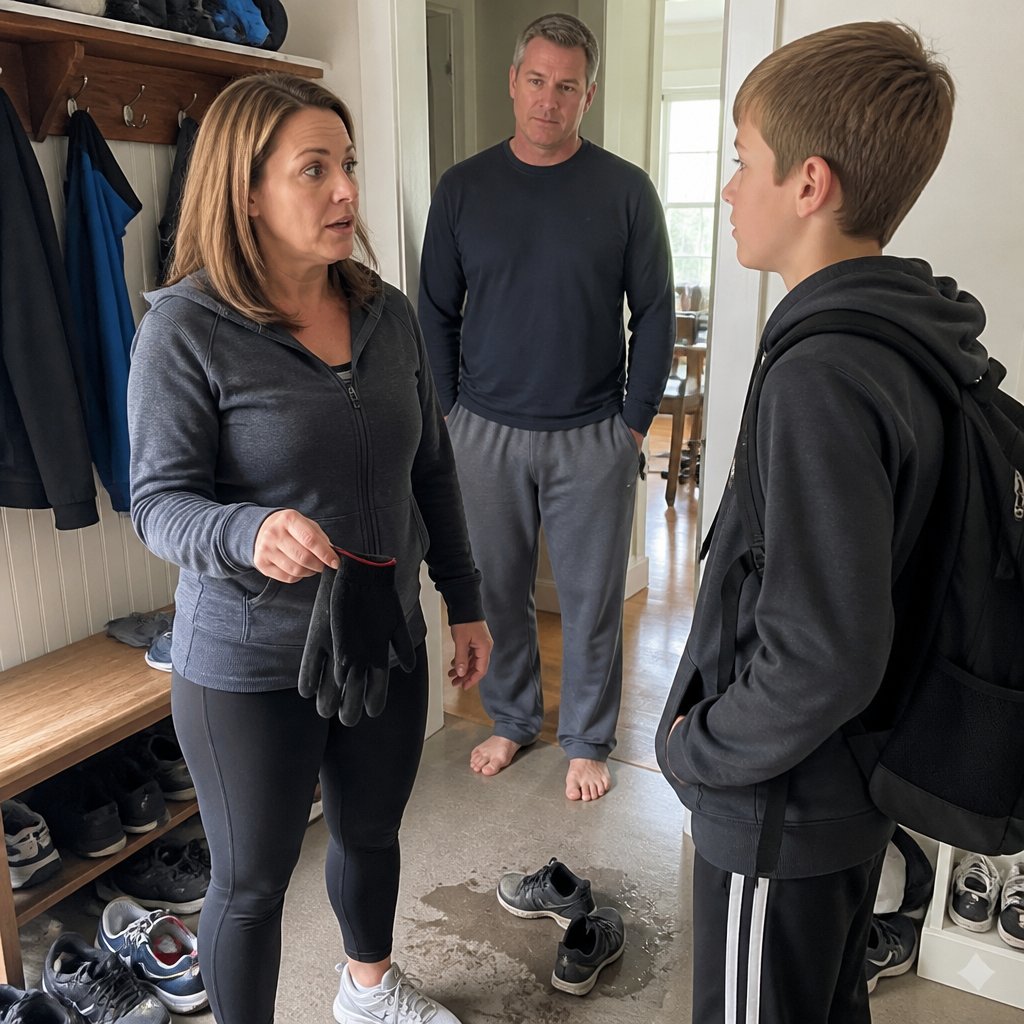 In the mudroom, Ivy holds a glove and looks startled as Owen, backpack on, tells her the minutes say she agreed.