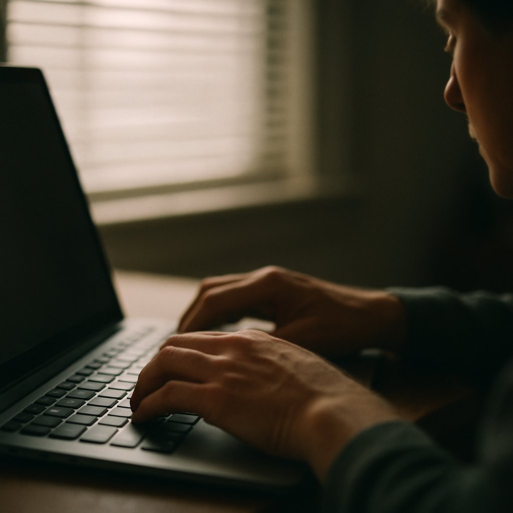Hands on laptop keyboard with striped sunlight