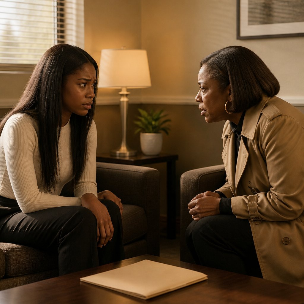Mara sits tensely in a lawyer’s office as Aunt Darlene leans forward to challenge the will.
