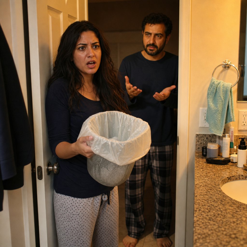 A woman stares at an emptied bathroom trash bin while her bearded husband stands behind her, dismissive.