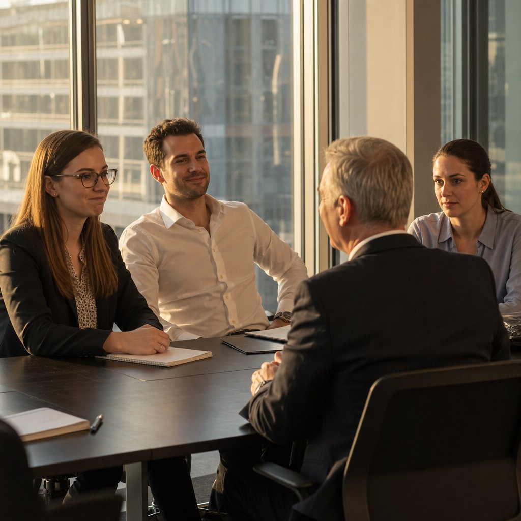 In a conference room, a young woman with glasses forces a smile beside a confident man while an assistant looks up sharply.