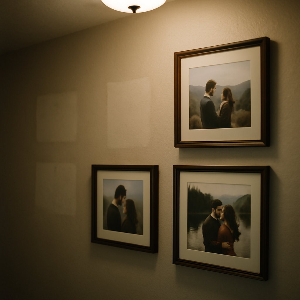 Hallway with new framed photos hung and empty spaces where old photos were removed.