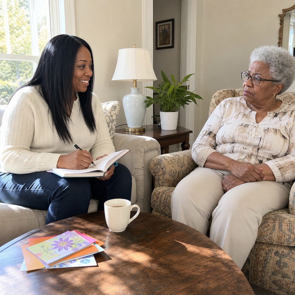A younger woman smiles with a planner in her lap while an older woman watches her warily from across the room.
