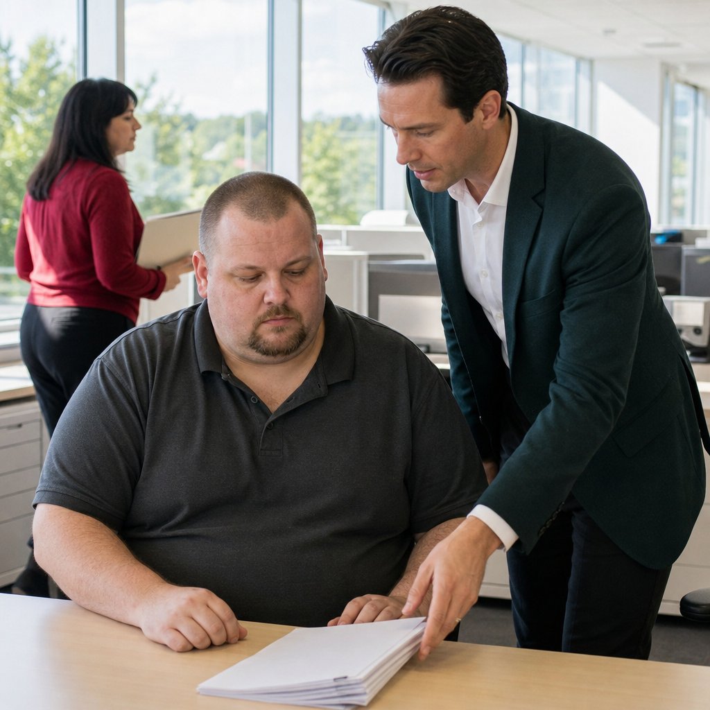 A coworker leans over to place a stapled packet on a man’s desk as a manager walks away.