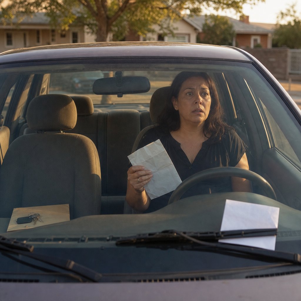 Mara sits in her car clutching a crumpled envelope, looking overwhelmed.