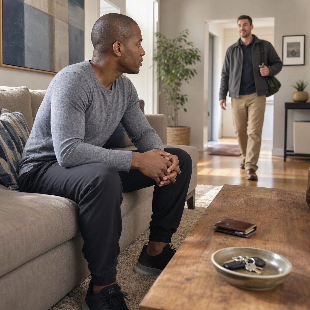 A tense young man sits rigidly on a couch as another man walks in, unaware.