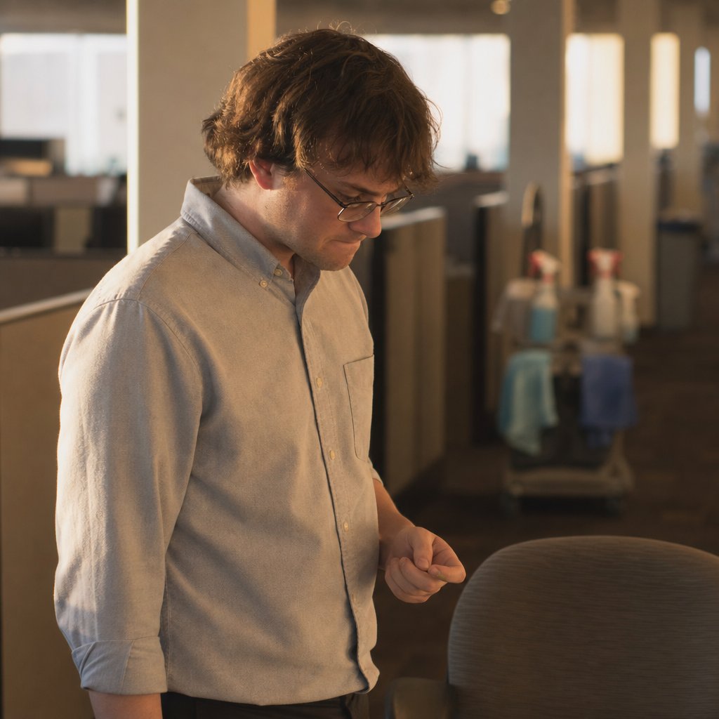 In a cubicle aisle, Iris stands rigidly, staring down at a phone he’s holding face-down, looking alarmed.