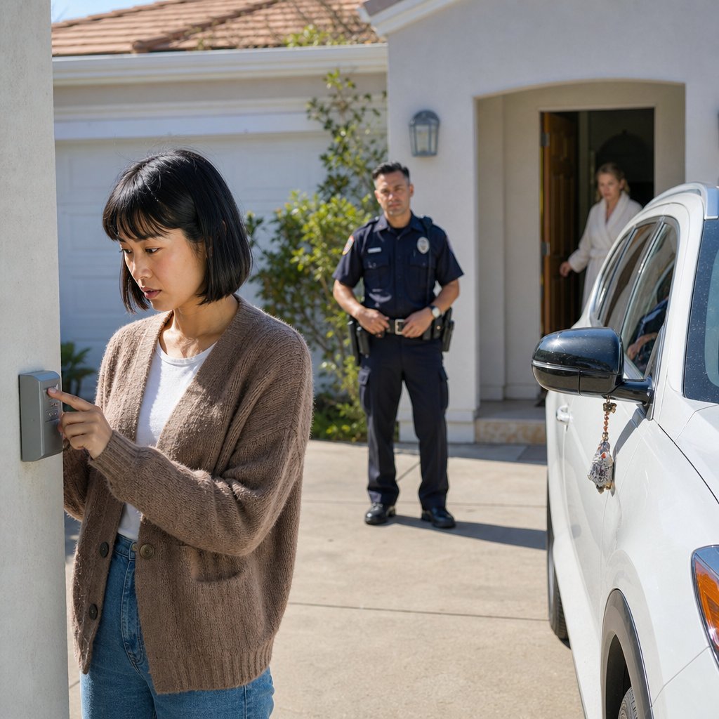A woman tries a garage keypad while a white SUV sits in her parking spot and a blonde woman in a robe watches from the doorway.