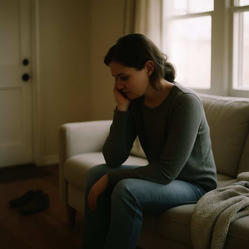 Woman sitting uncertainly on couch in a softly lit living room.